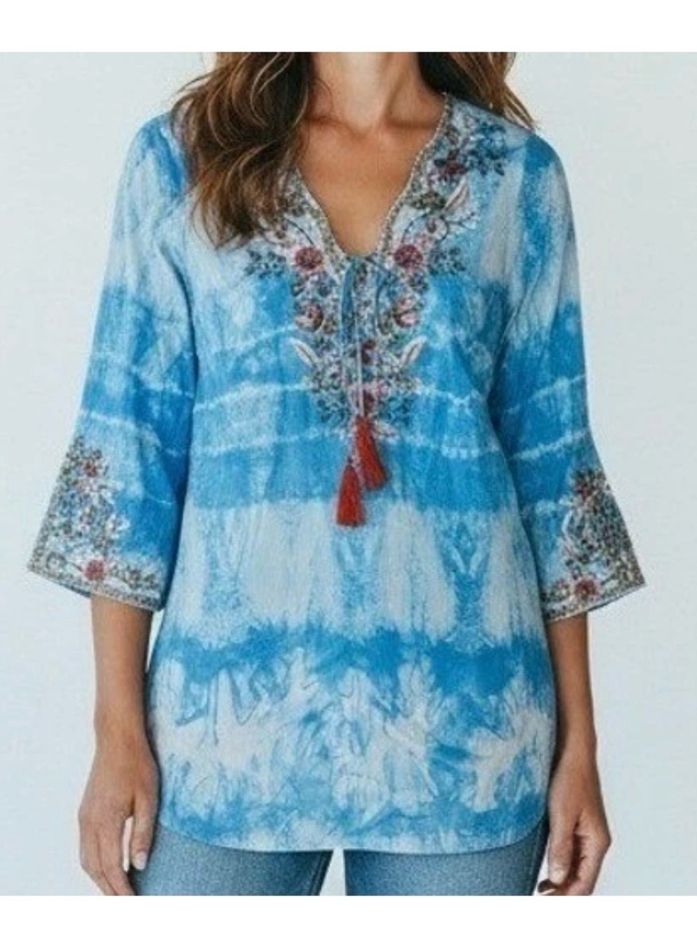 Soft Surroundings Beverly Turquoise and White Tie-Dye Embroidered Tunic Sz xl